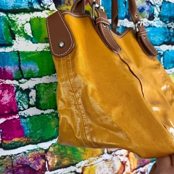 Boden Mustard Coated Canvas Bag Tan Leather Trim Handbag Purse - Picture 6 of 9